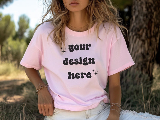 Blossom Comfort Colors 1717 T-Shirt Mockup | Oversized Shirt | Digital Mockup for POD | Model Wearing pink Tee | Instant Download