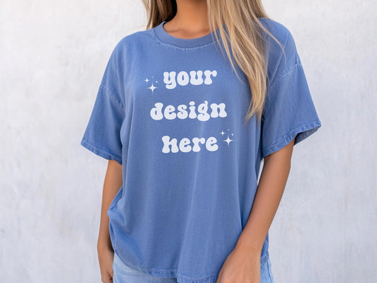 Blue Jean  Comfort Colors 1717 T-Shirt Mockup | Oversized Shirt | Digital Mockup for POD | Model Wearing Blue Tee | Instant Download