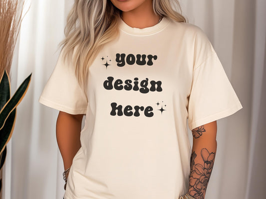 Ivory Comfort Colors 1717 T-Shirt Mockup | Over-Size Shirt Mockup | Digital Mockup | Female Model | POD Mockup | Tattooed Mockup