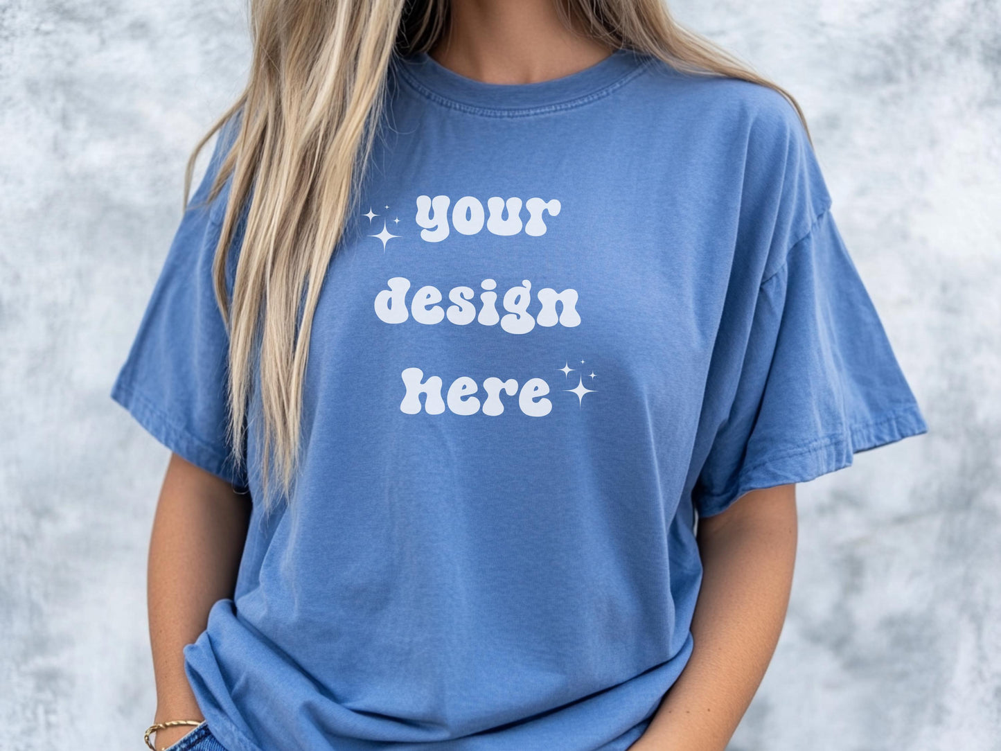 Blue Jean Comfort Colors 1717 T-Shirt Mockup | Over-Size Shirt Mockup | Digital Mockup | Female Model | POD Mockup | Blue Shirt Mockup