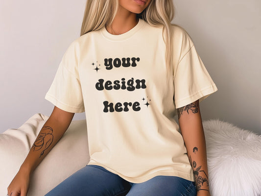 Ivory Comfort Colors 1717 T-Shirt Mockup | Over-Size Shirt Mockup | Digital Mockup | Female Model | POD Mockup | Tattooed Mockup