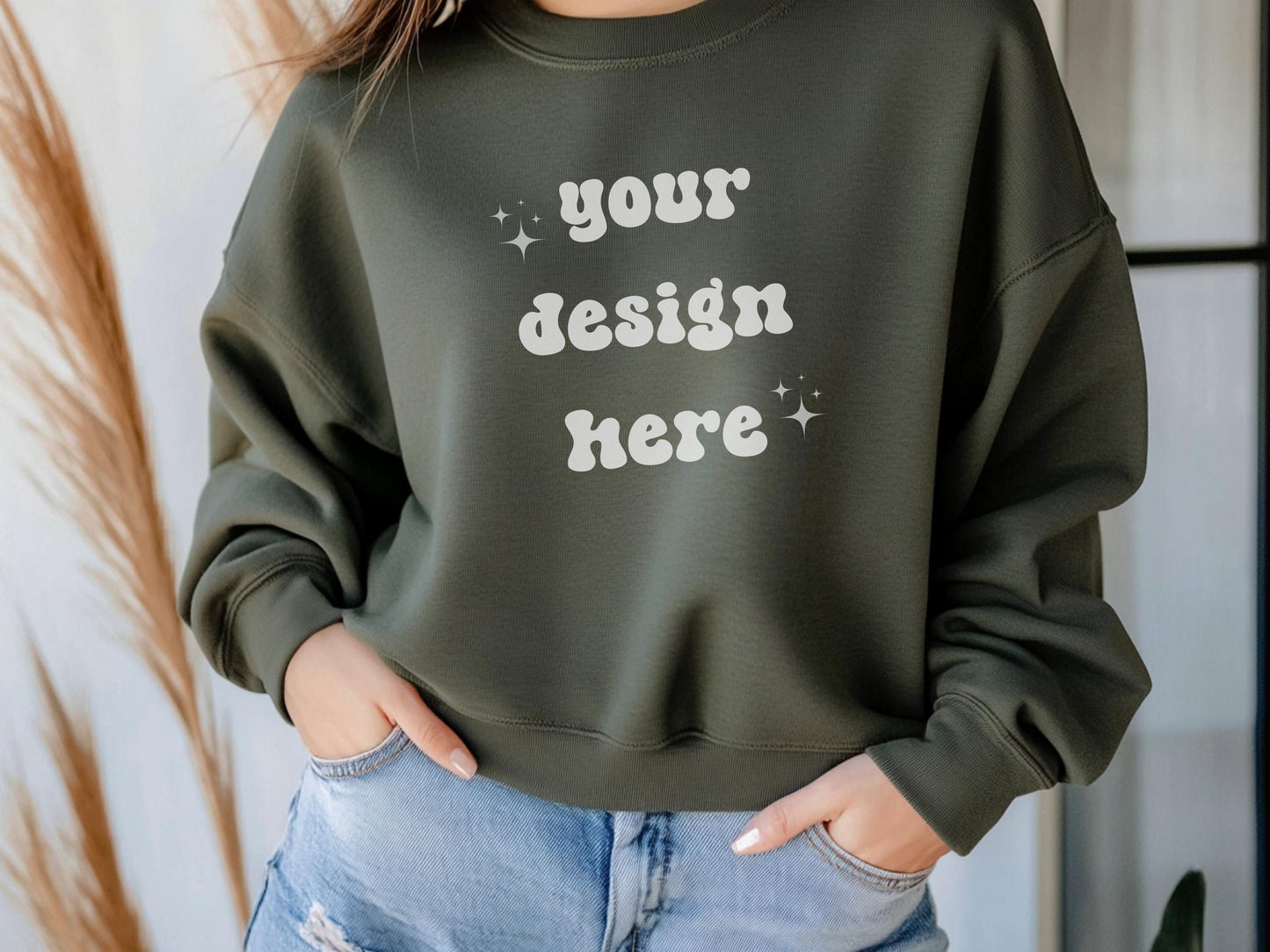 Female Gildan 18000 Green Mockup | Gildan Sweatshirt Mockup | Sweatshirt Model Mockup | Gildan Green | 18000 Military Green