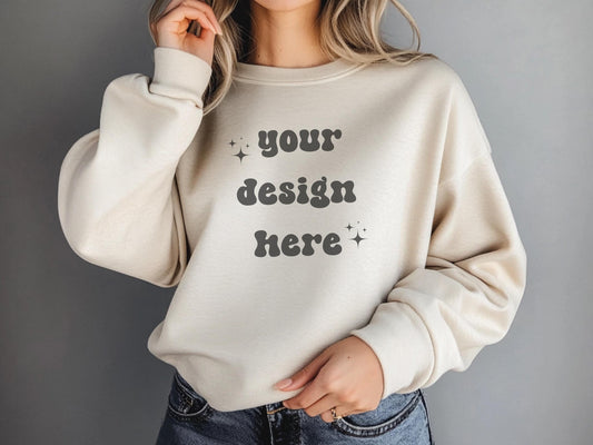 Female Gildan 18000 Sand Mockup | Gildan Beige Sweatshirt Mockup | Sweatshirt Model Mockup | Gildan Sand | 18000 Sand | Girl Sweater Mockup