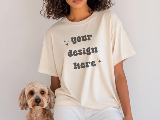 Gildan 5000 Natural Dog Mockup | Dog Shirt Mockup | Mockup With Dog | Pet Mockup