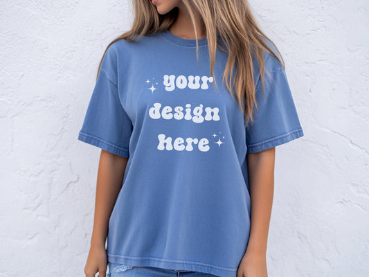 Blue Jean Comfort Colors 1717 T-Shirt Mockup | Over-Size Shirt Mockup | Digital Mockup | Female Model | POD Mockup | Blue Shirt Mockup