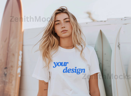 Bella Canvas 3001 White Shirt Mockup, Surf Them T-Shirt Mockup, Beach Mockup, Surfing Style Oversized Shirt Mockup, Casual Wear