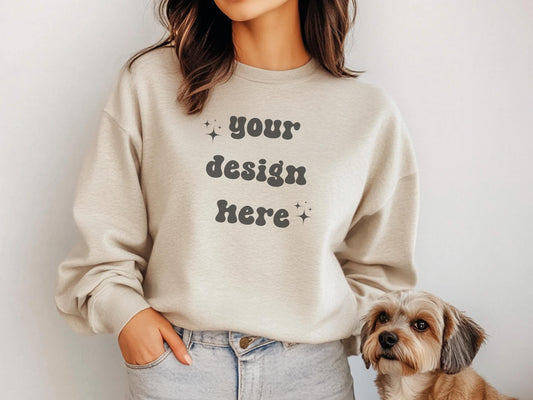 Gildan 18000 Sand Dog Mockup | Dog Shirt Mockup | Mockup With Dog | Pet Mockup