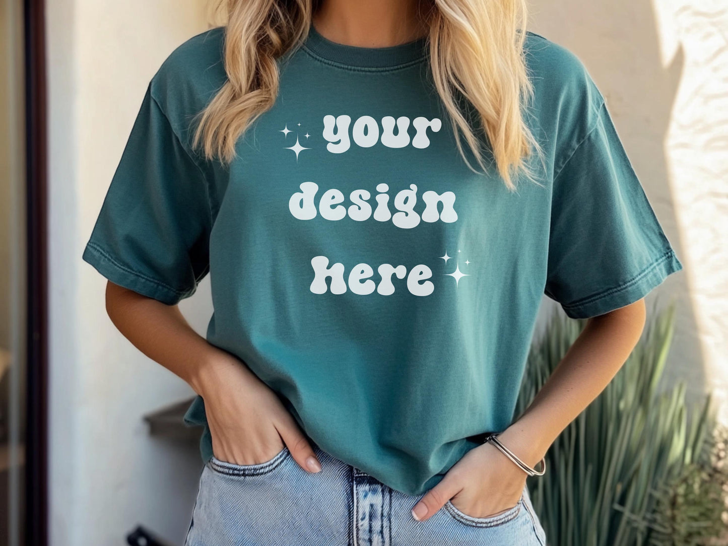 Spruce Comfort Colors 1717 T-Shirt Mockup in Spruce | Oversized Tee Mockup | Digital Shirt Template | Female Model | POD Apparel Mockup