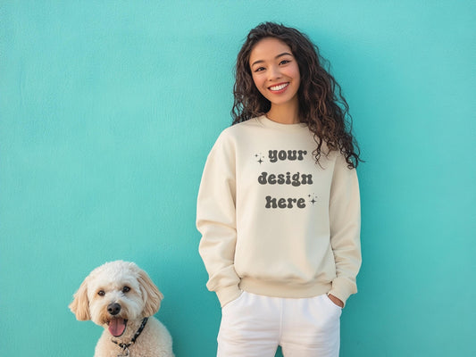 Gildan 18000 Sand Dog Mockup | Dog Shirt Mockup | Mockup With Dog | Pet Mockup