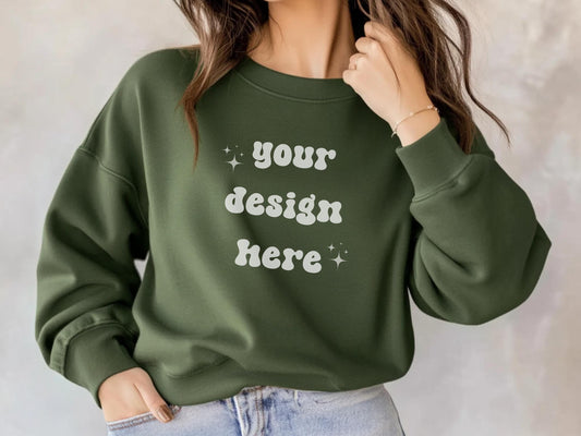 Female Gildan 18000 Green Mockup | Gildan Sweatshirt Mockup | Sweatshirt Model Mockup | Gildan Green | 18000 Military Green