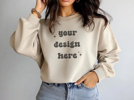 Female Gildan 18000 Sand Mockup | Gildan Beige Sweatshirt Mockup | Sweatshirt Model Mockup | Gildan Sand | 18000 Sand | Girl Sweater Mockup