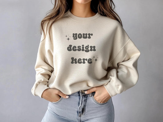 Female Gildan 18000 Sand Mockup | Gildan Beige Sweatshirt Mockup | Sweatshirt Model Mockup | Gildan Sand | 18000 Sand | Girl Sweater Mockup