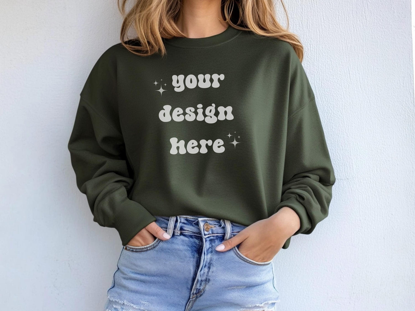 Female Gildan 18000 Green Mockup | Gildan Sweatshirt Mockup | Sweatshirt Model Mockup | Gildan Green | 18000 Military Green