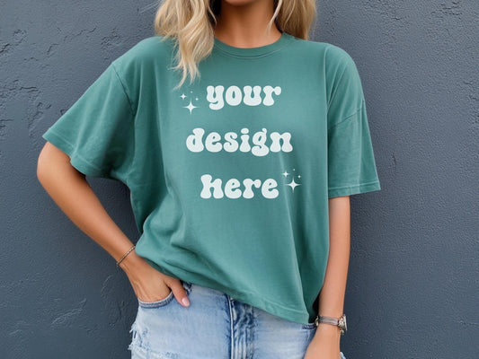 Spruce Comfort Colors 1717 T-Shirt Mockup in Spruce | Oversized Tee Mockup | Digital Shirt Template | Female Model | POD Apparel Mockup